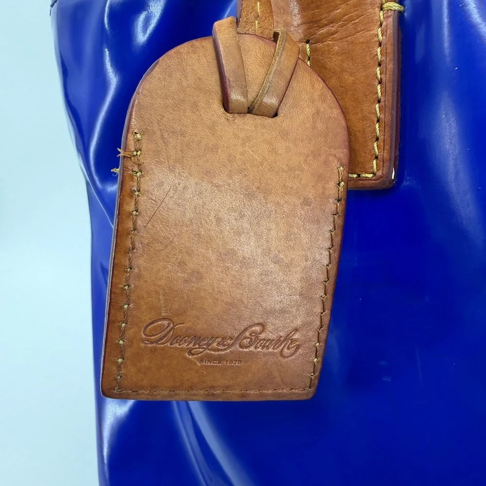 Dooney & Bourke Tote Bag Womens Medium Blue Patent Leather Tan Trim Shoulder Bag